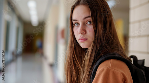 Garota com olhar triste e chateado na escola  photo