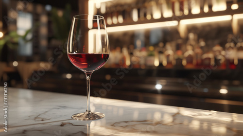 A stunning wine glass mockup showcasing its impeccable clarity and timeless elegance, placed on a sleek and glossy bar counter. Perfect for designs related to luxury, wine tasting, fine dini