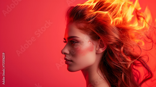 Red-haired Woman Against Red Background