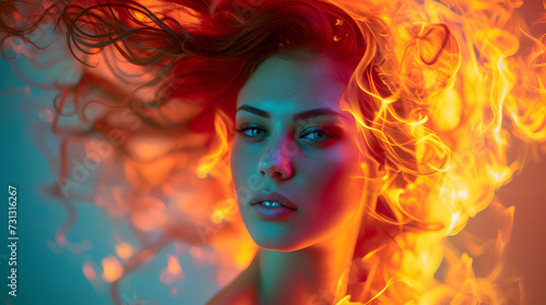 Woman With Red Hair and Blue Eyes Surrounded by Fire