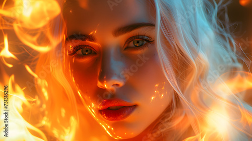 Woman With White Hair and Blue Eyes Surrounded by Fire