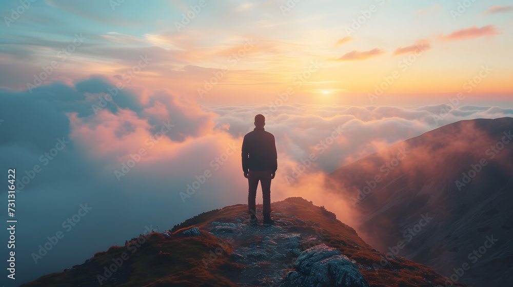 Man Standing on Mountain Overlooking Clouds