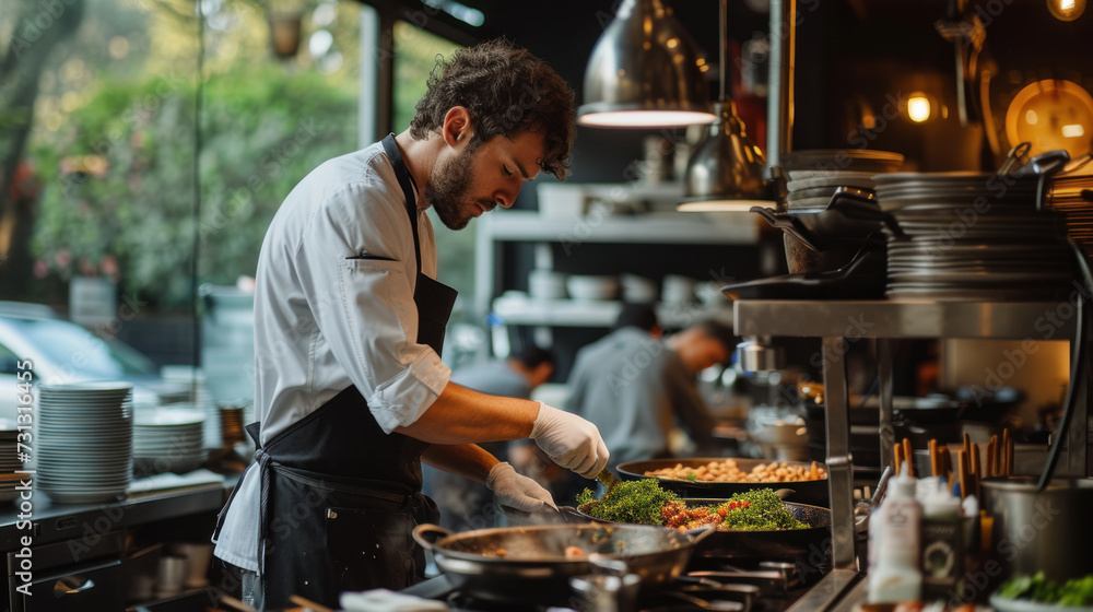 chef preparing a salad in a kitchen, in the style of earthy naturalism chef preparing a salad in a kitchen, in the style of earthy naturalism
