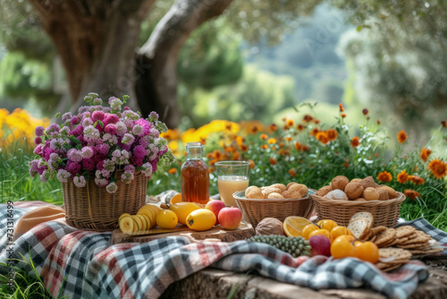 A picnic in a blooming garden  with a checkered blanket and an assortment of fresh fruits and snacks  symbolizing the simple pleasures of outdoor leisure. Concept of garden picnics. Generative Ai.