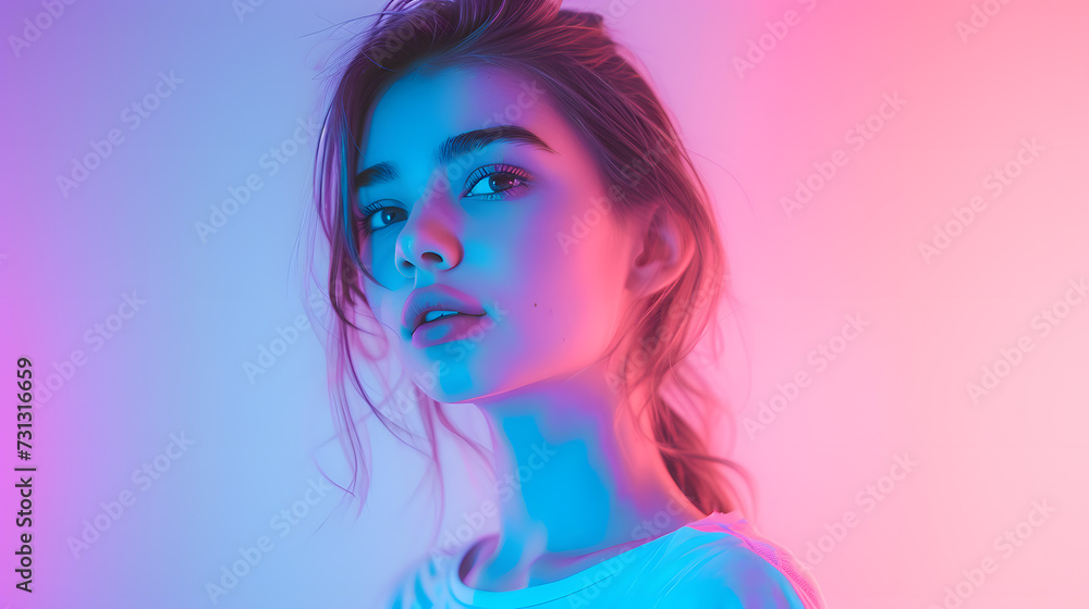 Woman in White Top Standing in Front of Pink and Blue Background