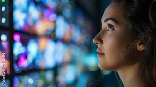 Woman Observing Wall of Television Screens