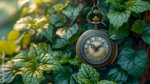 An antique pocket watch ensconced among fresh green leaves, symbolizing time and nature's embrace. 