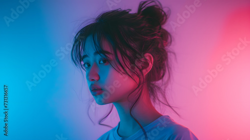 Woman in Front of Blue and Pink Background