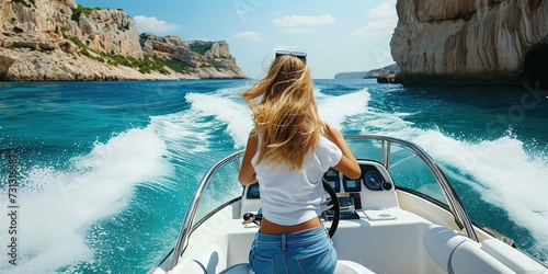 Young woman piloting speedboat across the ocean waves on a bright and sunny afternoon day photo