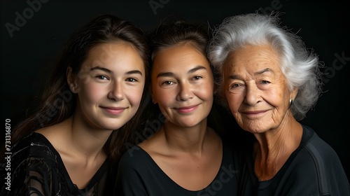 Portrait of three generations of women in a family, smiling, against a dark background. timeless bond captured. lifestyle imagery. AI