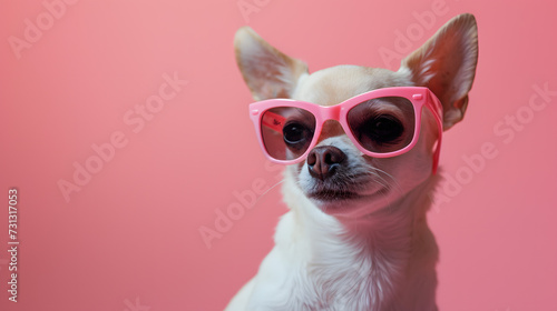 Small Dog in Pink Sunglasses on Pink Background