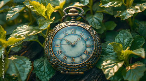 An ornate vintage pocket watch nestled in fresh green leaves, conveying a concept of time and nature. 