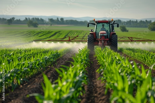 realistic shot of a tractor sprays pesticides on corn field