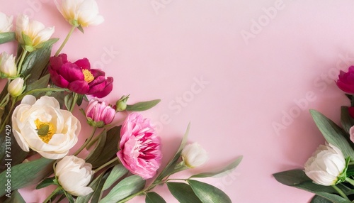banner with flowers on light pink background greeting card template for wedding mothers or womans day springtime composition with copy space flat lay style