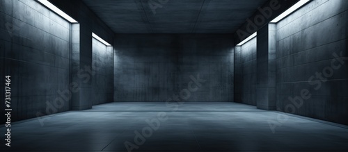 Nighttime illustration of an illuminated empty concrete room.