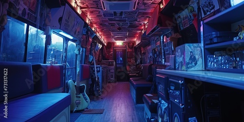 Interior of a rock band's tour bus with all the comforts of home on the road