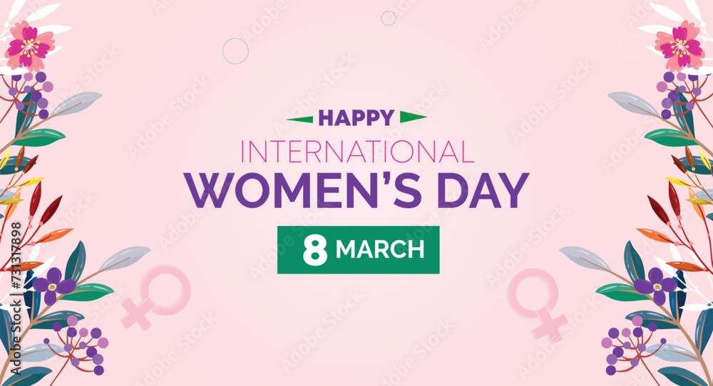 Happy Women's Day 8 March. Women's Day greeting banner design with flowers and a purple color