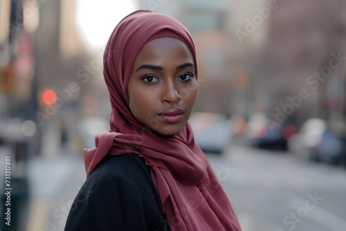 Woman in Headscarf on City Street photo