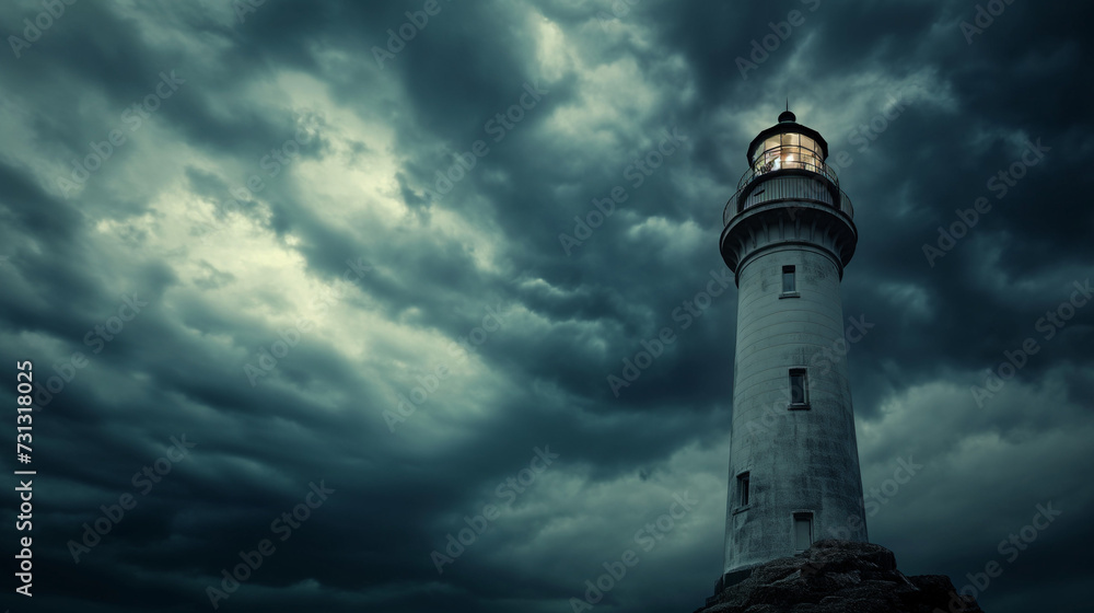Lighthouse on a Rocky Cliff Under a Cloudy Sky