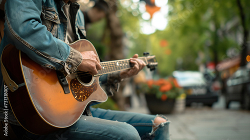 A mesmerizing street musician exuding raw passion while strumming a guitar, capturing the essence of street culture and artistic expression.