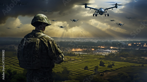 Leinwand Poster The Power of Drones. Modern Warfare. Military Drone