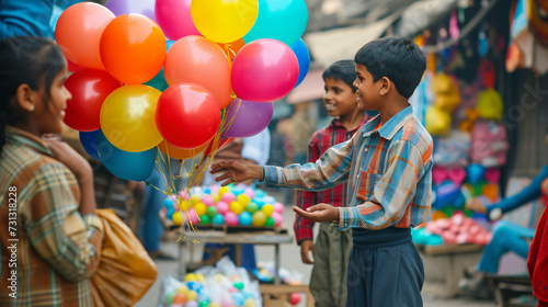 A cheerful street vendor brimming with colorful balloons delights a group of excited children on a bright sunny day.