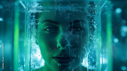 Gesicht einer Frau hinter Eis. Frontal. Kalt beleuchtet. Illustration
