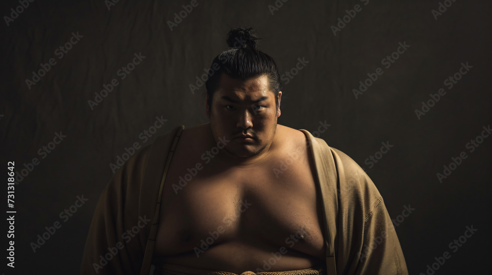 A formidable sumo wrestler in his late 20s, exuding sheer power and strength. He is adorned in the traditional mawashi belt, a symbol of his dedication to the ancient art of sumo wrestling.