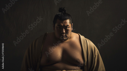 A formidable sumo wrestler in his late 20s, exuding sheer power and strength. He is adorned in the traditional mawashi belt, a symbol of his dedication to the ancient art of sumo wrestling.