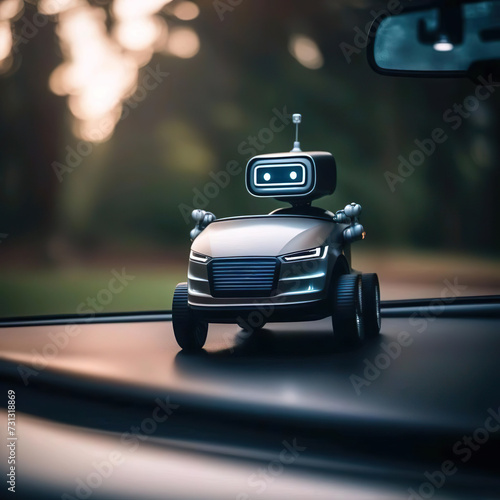 Coche de juguete conducido por un robot sobre el salpicadero en el interior de un coche  photo