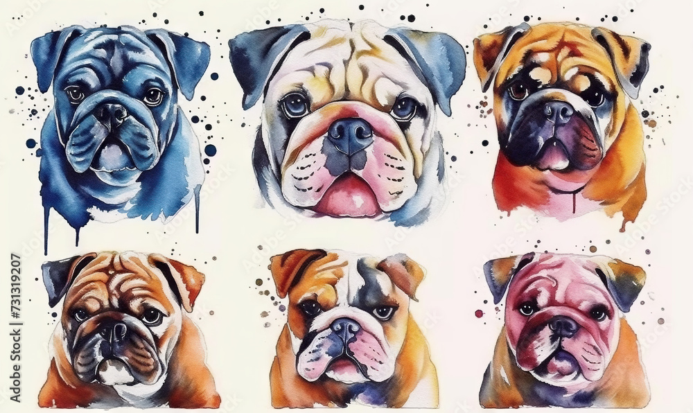 dogs watercolor illustrations isolated bulldog drawings for stickers english