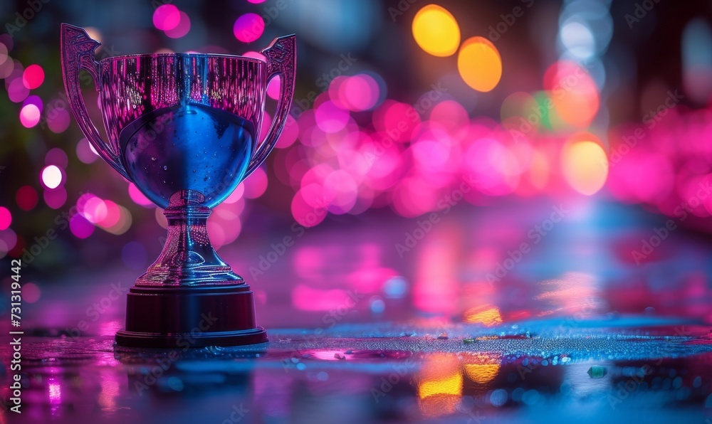 A winner trophy cup set against abstract purple and pink lights blur blinking background. Generative AI A winner trophy cup set against abstract purple and pink lights blur blinking background. Generative AI