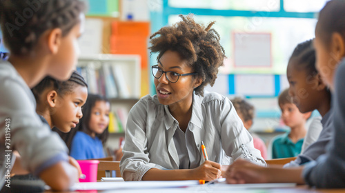 A passionate teacher engages a diverse classroom of students, fostering a vibrant atmosphere of education and learning. The students eagerly participate, absorb knowledge, and develop critic photo