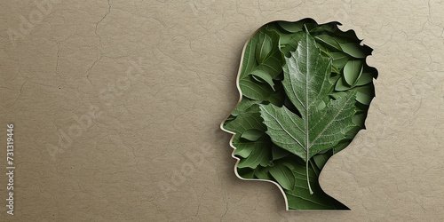 human head with a green leaf, in the style of delicate paper and cardboard cutouts. earth and ecology day concept photo