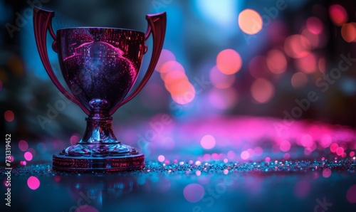 A winner trophy cup set against abstract purple and pink lights blur blinking background. Generative AI