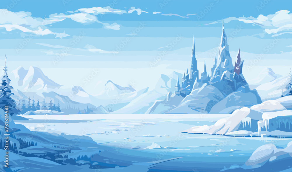 snowy landscape with ice castle vector simple 3d isolated illustration - obrazy, fototapety, plakaty 