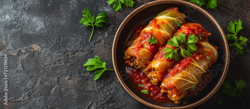 Stuffed cabbage rolls: cabbage leaves filled with a mixture of ground beef or veal, rice, onion and seasonings