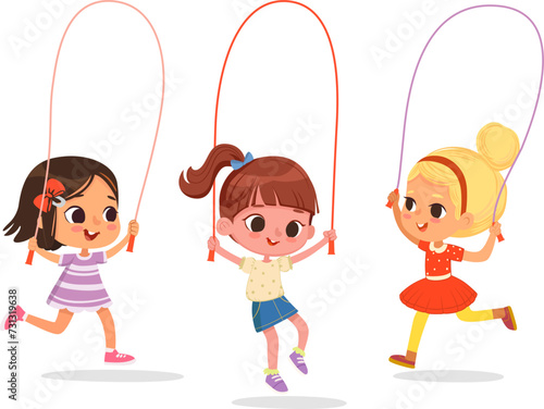 Happy cute kids girls play jump rope. Cartoon Illustration of children playing Jump rope. Vector