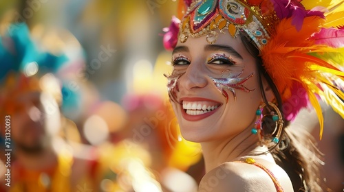 Vibrant carnival celebration with colorful costumes and joyful participants captured in daylight. festive atmosphere and lively emotions. perfect for cultural themes. AI