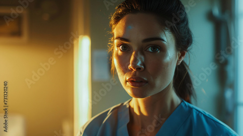 A compassionate and dedicated nurse in her early 30s, radiating a sense of exhaustion from her tireless efforts. Her hair is tied up in a practical ponytail, accentuating her no-nonsense att photo