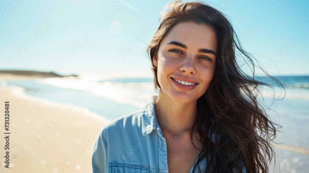 a woman smiling at the camera with the beach and ocean in the background, portraying a sense of happiness and relaxation in a natural, outdoor setting a woman smiling at the camera with the beach and ocean in the background, portraying a sense of happiness and relaxation in a natural, outdoor setting