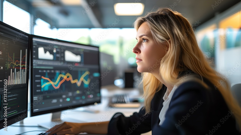 Focused professional woman analyzing data on dual monitors in a modern office setup. concentrated, analytical, tech workspace. AI Focused professional woman analyzing data on dual monitors in a modern office setup. concentrated, analytical, tech workspace. AI