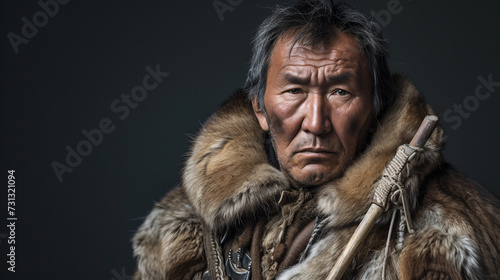 A weathered Inuit hunter in his late 30s radiates the essence of resilient survival. Clad in warm fur garments, his face tells tales of untamed landscapes and fierce determination. His pierc