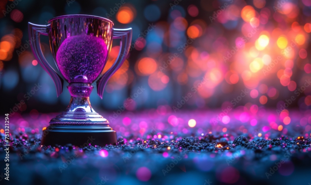 A winner trophy cup set against abstract purple and pink lights blur blinking background. Generative AI A winner trophy cup set against abstract purple and pink lights blur blinking background. Generative AI
