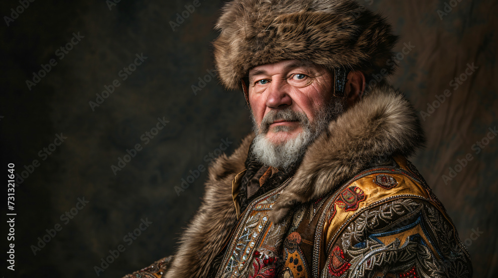 A distinguished Russian Cossack in his forties exuding an unmistakable sense of pride in his rich heritage. Adorned with a magnificent fur hat and a beautifully decorated traditional coat, h - obrazy, fototapety, plakaty 
