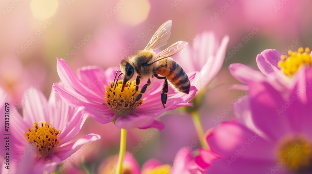 Bees gather nectar from colorful blooms, creating nature's sweet masterpiece Bees gather nectar from colorful blooms, creating nature's sweet masterpiece