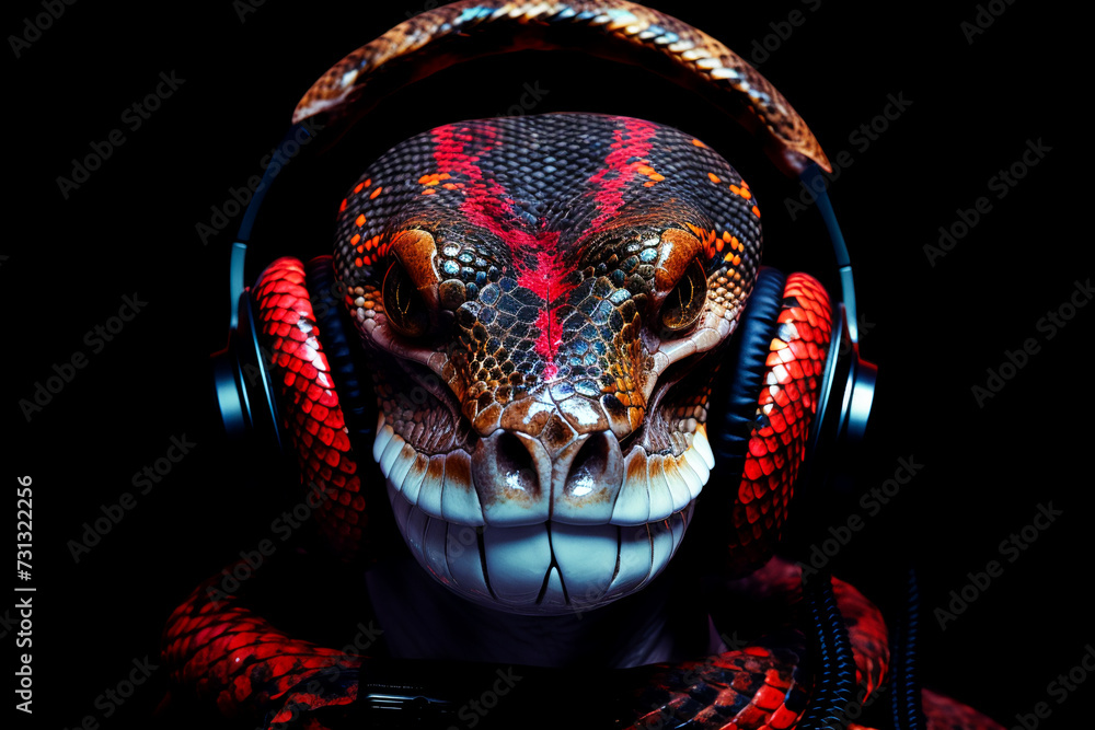 Naklejka premium Snake with headphones. Snake listening to music