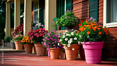 outdoor plants in large pots in the garden. Row of big plant pots. A stylish modern floral home decor in minimal style.