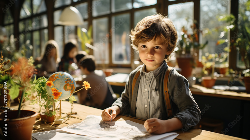 Little cute boy sitting at the table in the class room. Concept of education at school
