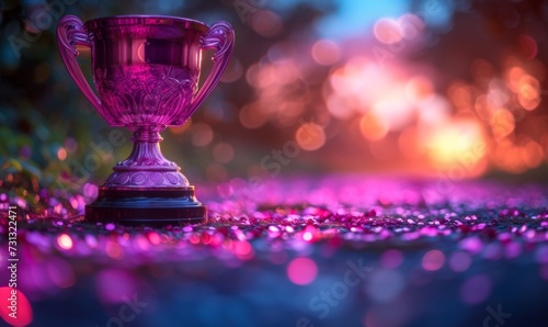 A winner trophy cup set against abstract purple and pink lights blur blinking background. Generative AI